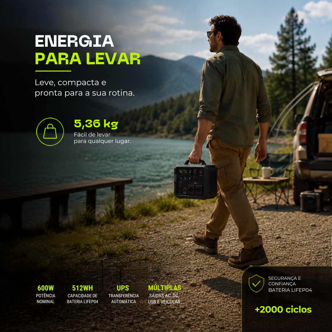 GEN600 alimentando notebook e equipamentos de trabalho em campo com onda senoidal pura